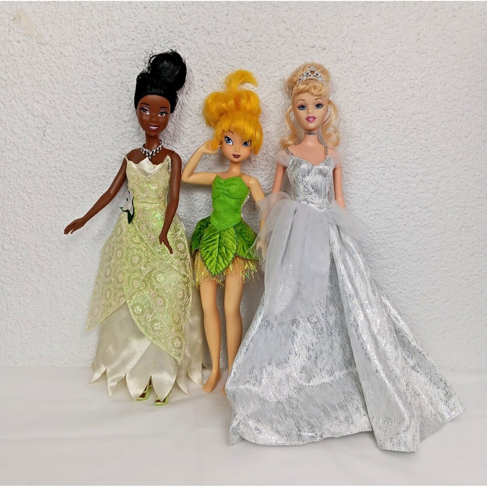 Mattel Disney Princess Tiana Cinderella and Tinker Bell Dolls